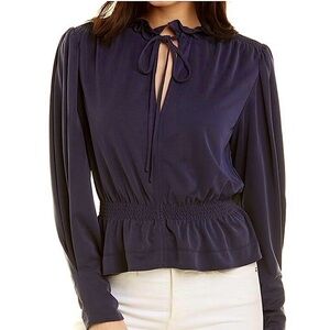 REBECCA TAYLOR Slit V-Neck Navy Long Sleeve Blouse Flattering Romantic Ruffles